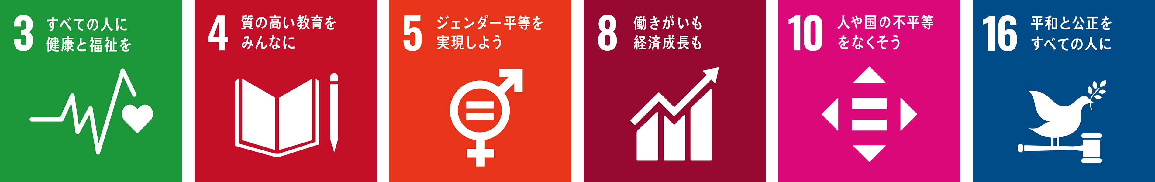 編號SDGs3、4、5、8、10和16的徽標